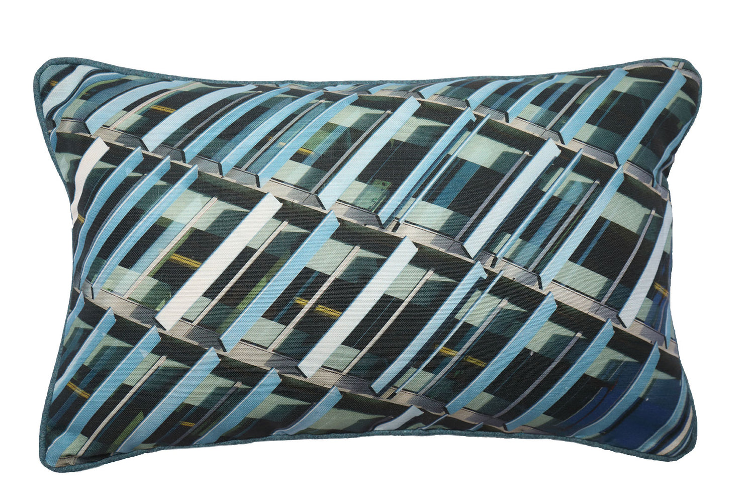 Rectangular linen cushion with image of modern architectural office windows with blue fin louvre shades