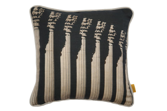 square linen cushion with piping, printed with image of fluted Corinthian columns