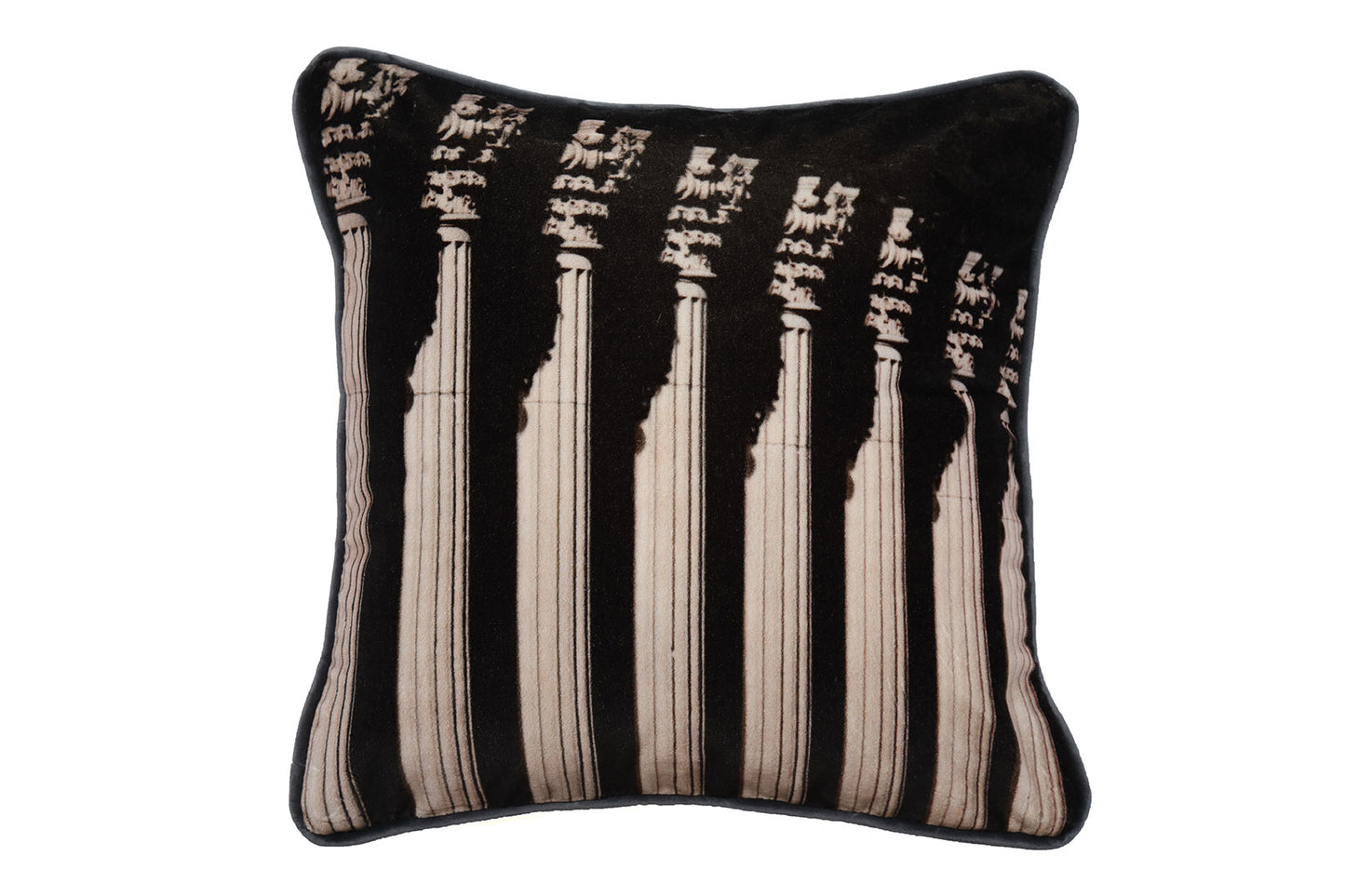 square velvet cushion with piping, printed with image of fluted Corinthian columns