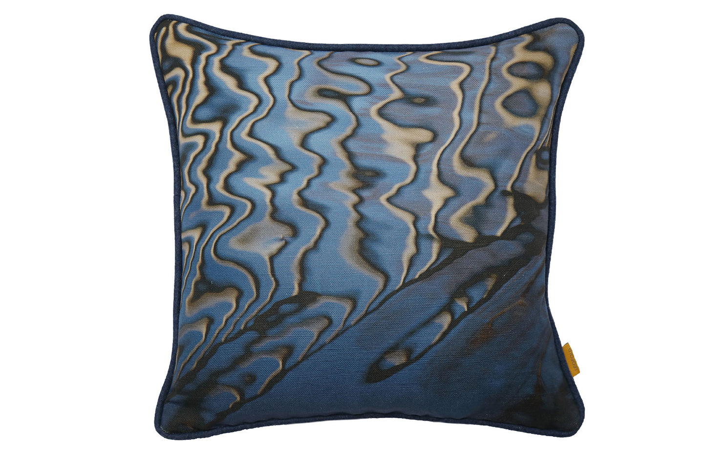 Square linen cushion with piping featuring photo of ripples in blue water