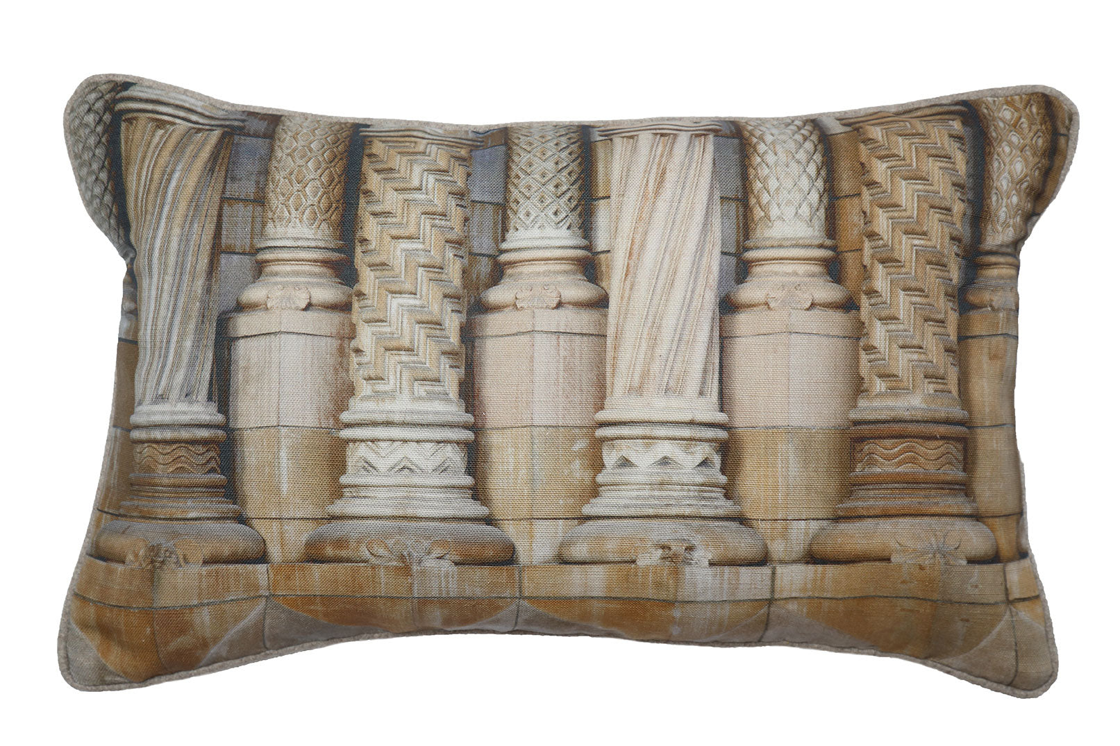 Rectangular linen cushion featuring photograph of carved byzantine style columns on the front of the Natural History Museum