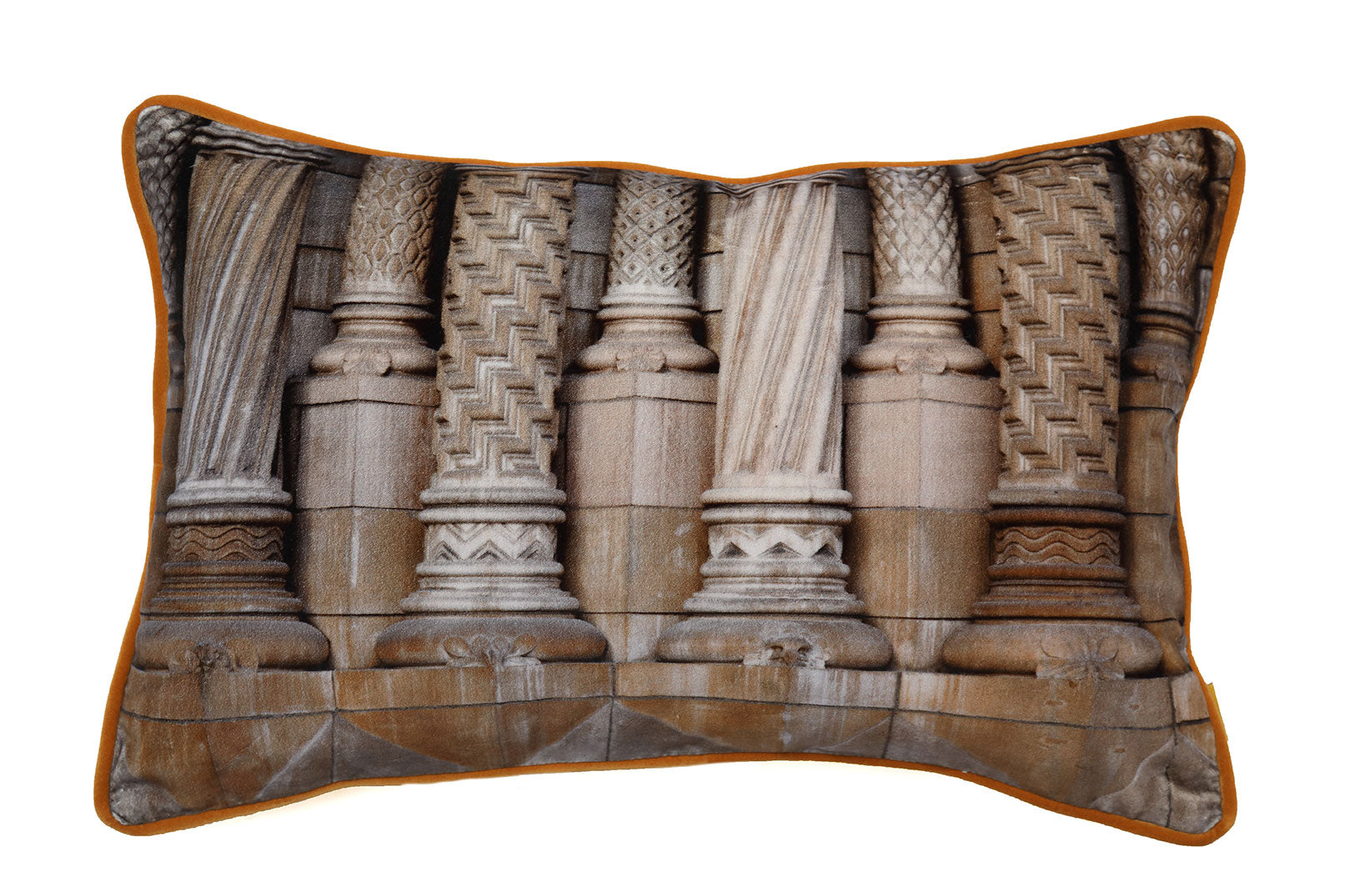 Rectangular velvet cushion featuring photograph of carved byzantine style columns on the front of the Natural History Museum